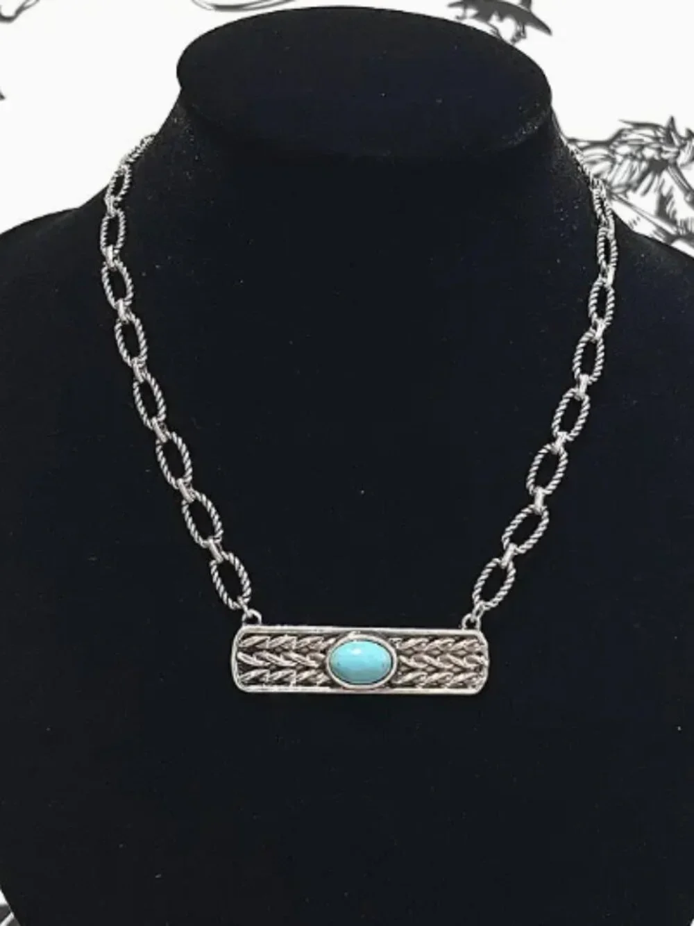 Western Turquoise Semi Stone Engraved Bar Silver Tone Necklace NWT